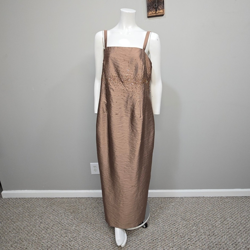 Alex Evenings Formal Maxi Dress Plus Size 16W Bronze Metallic Beaded Square Neck